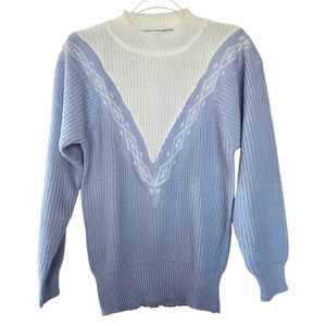 Vintage 80s Together! Sweater Size XSP Blue White Balloon Sleeve Cottagecore Ski